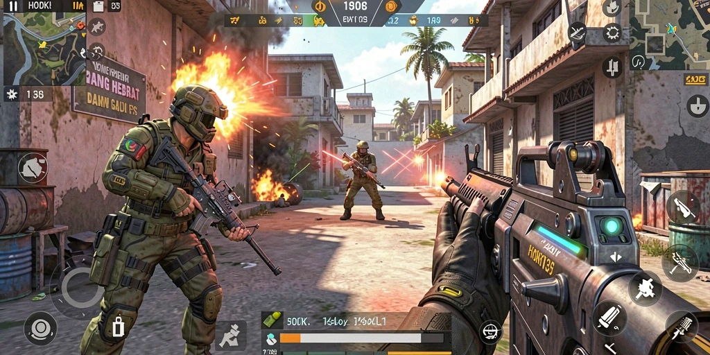 Screenshot HOKI138 menampilkan aksi tembak-menembak mendebarkan dalam pertempuran FPS.