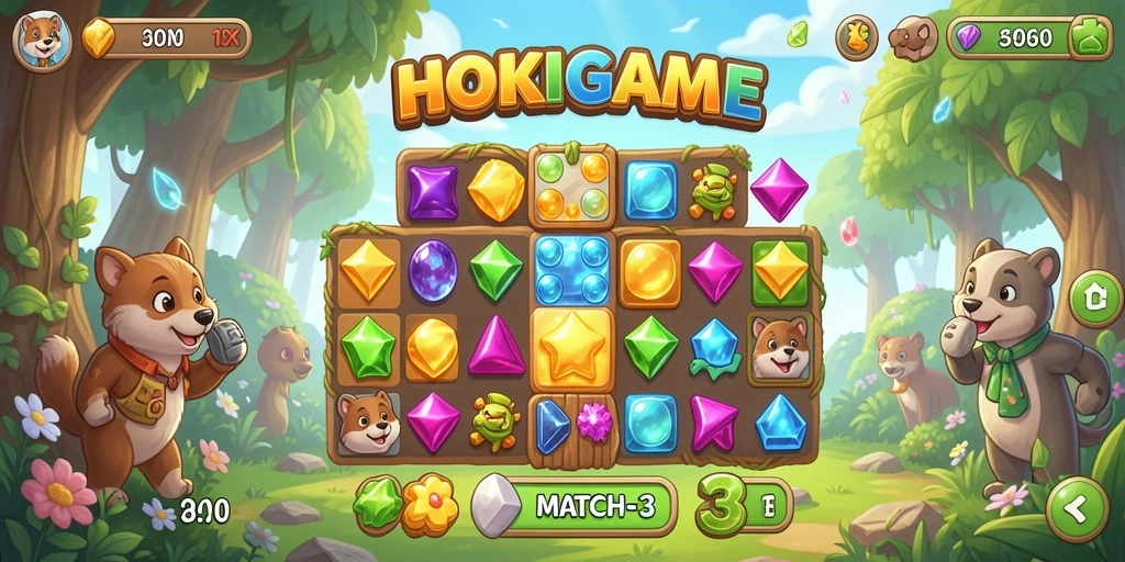 Tangkapan layar HOKIGAME menampilkan gameplay seru Match-3 yang mengasyikkan.