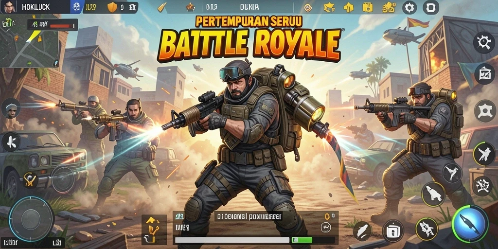 Screenshot HOKILUCK menampilkan intensnya aksi pertempuran Battle Royale.