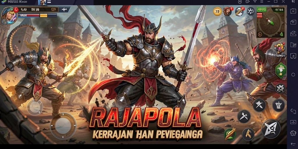 Screenshot gameplay RAJAPOLA yang menunjukkan pertahanan menara melawan gelombang musuh.