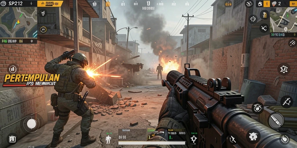 Tangkapan layar gameplay SP212 menampilkan pertempuran FPS yang intens dan seru.
